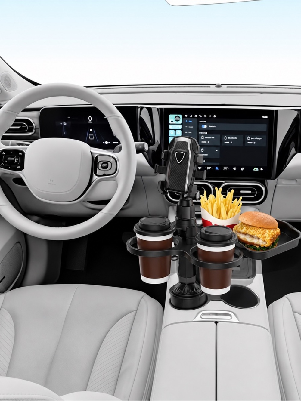 Adjustable Black Car Cup Holder with Phone Mount and Snack Tray